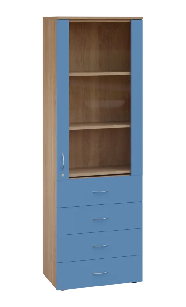 LE - 64 skříň léková prosklená, pravá, korpus dub bardolino, dvířka pastelově modrá